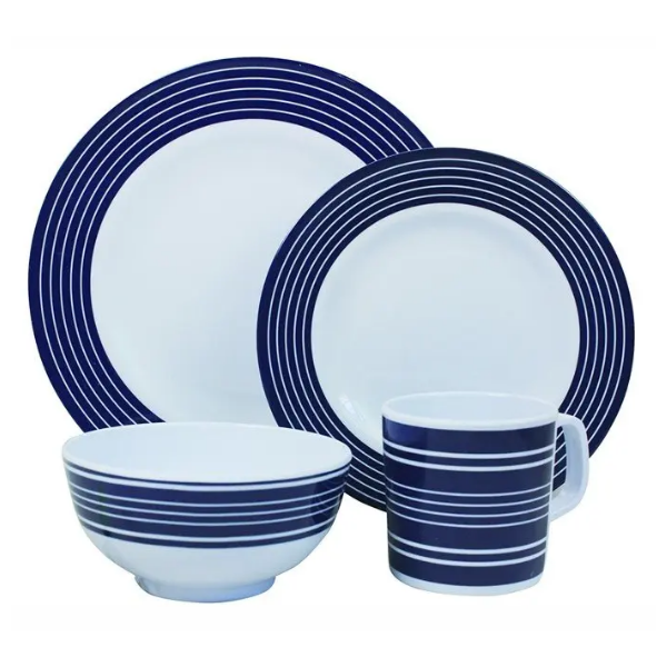 Flamefield Premium Range 16 Piece Melamine Dinner Set Navy Pinstripe Pursuit Worldwide